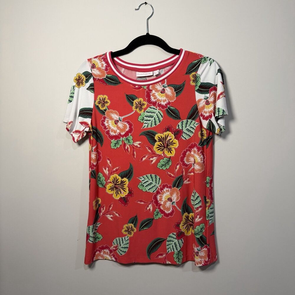 Courtside Social by Susan Graver Pink Floral Athletic Short Sleeve Top Size XS